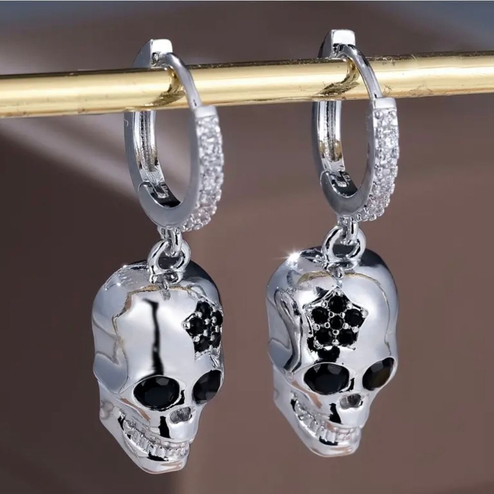 White Plated Diamond Skull Dangle Earrings
